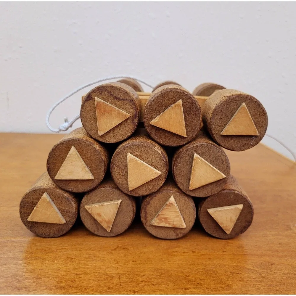 Vtg Wooden Pull Toy Rolling Folding Blocks Geometrical Cylinders Natural‎ Play
